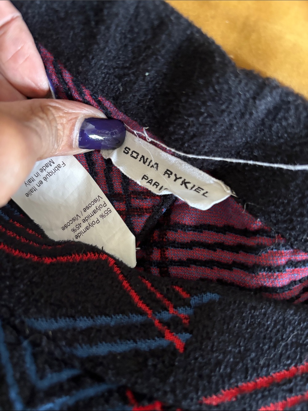Sonia Rykiel Black Plaid Pants with Red and Blue Geometric Lines - Picture 3 of 3